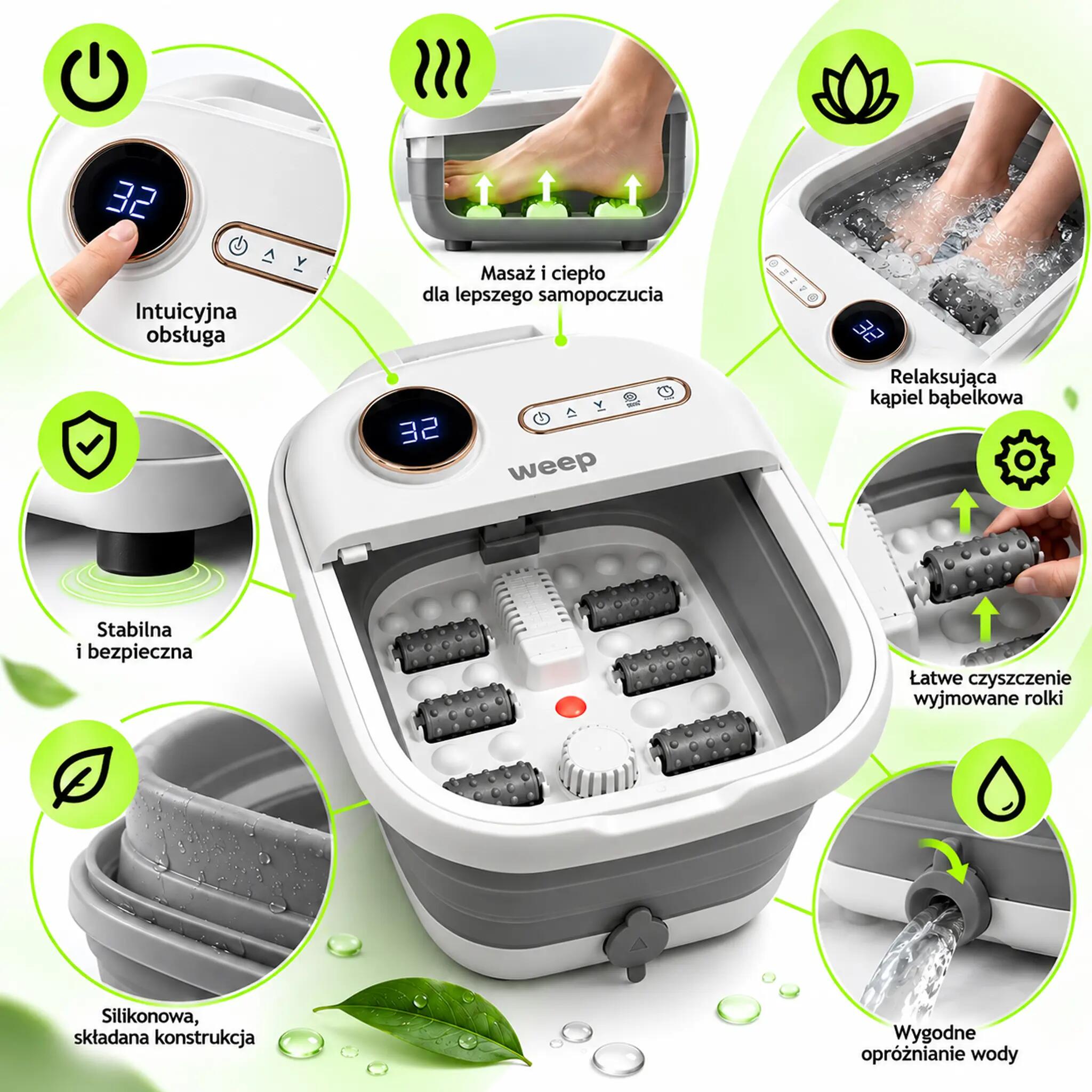 Weep T5 Pro Fußmassagegerät faltbar Fußsprudelbad Heizung Massagerollen 500W 2/14