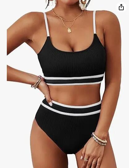 Maillot de Bain Femme 2 Pieces Taille Haute Push Up Rembourré Sport Bikini Deux