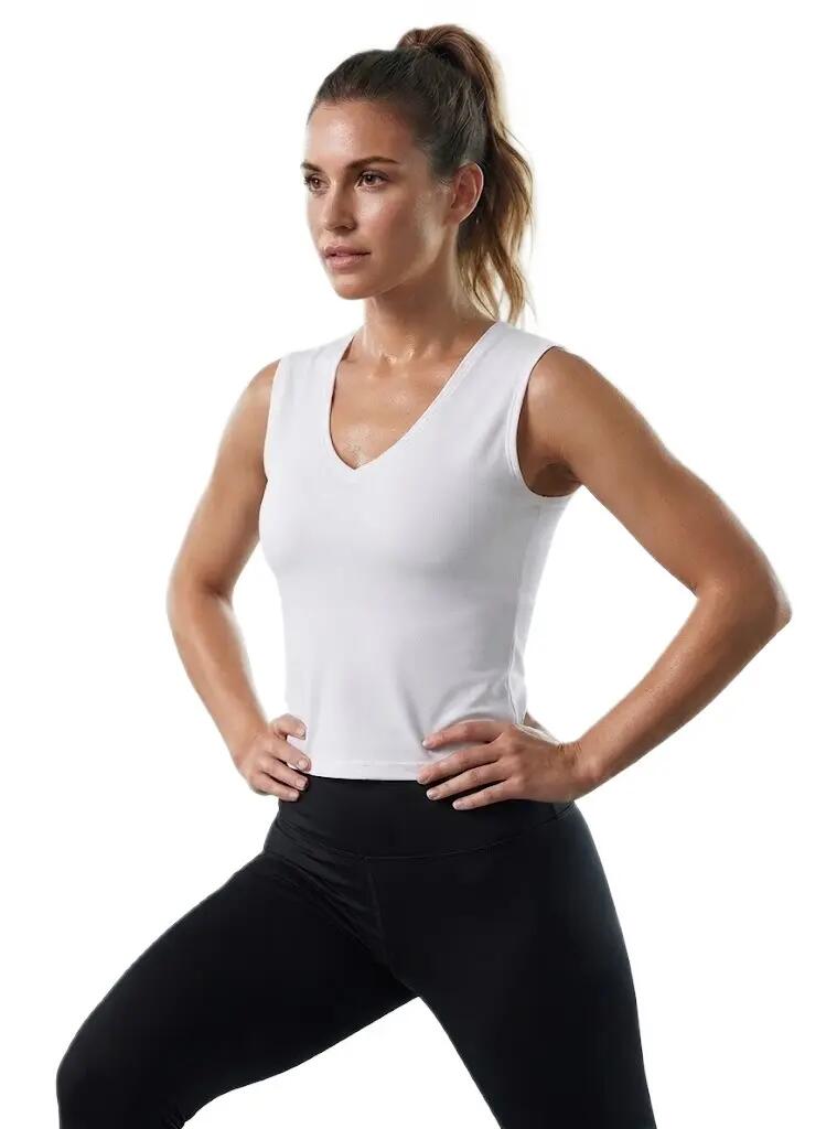 Damski Top Sportowy BARS V-Neck Biały Dopasowany Szerokie Ramiączka 3/4