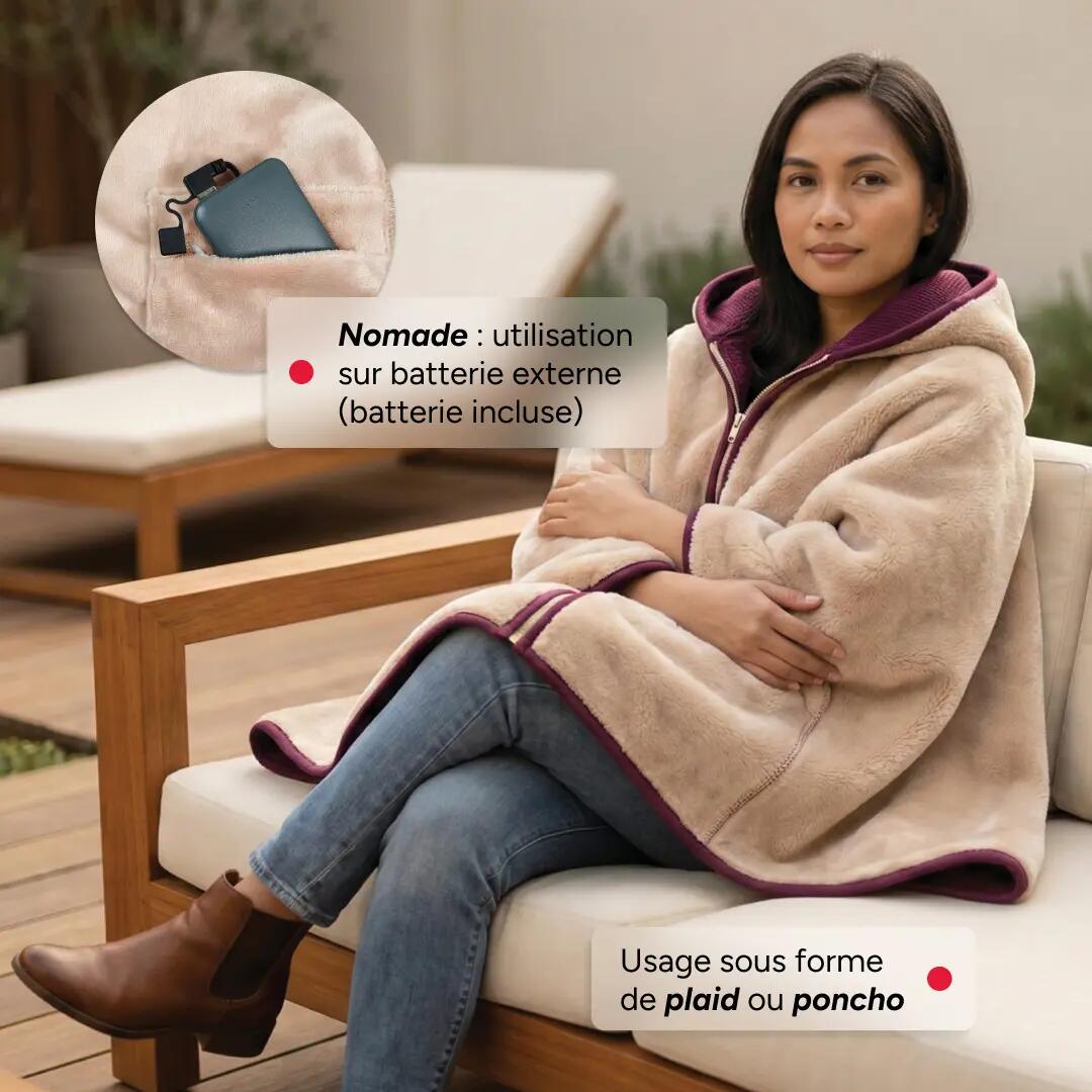 Plaid Poncho chauffant NOOMA - Batterie incluse - 90 x 160 cm - Maille & Polaire 4/6