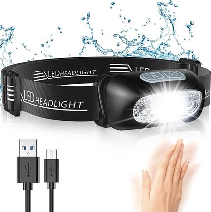 Lampe Frontale LED Puissante avec Capteur Mouvement, XP44 Étanche, 3 Modes d'Ecl