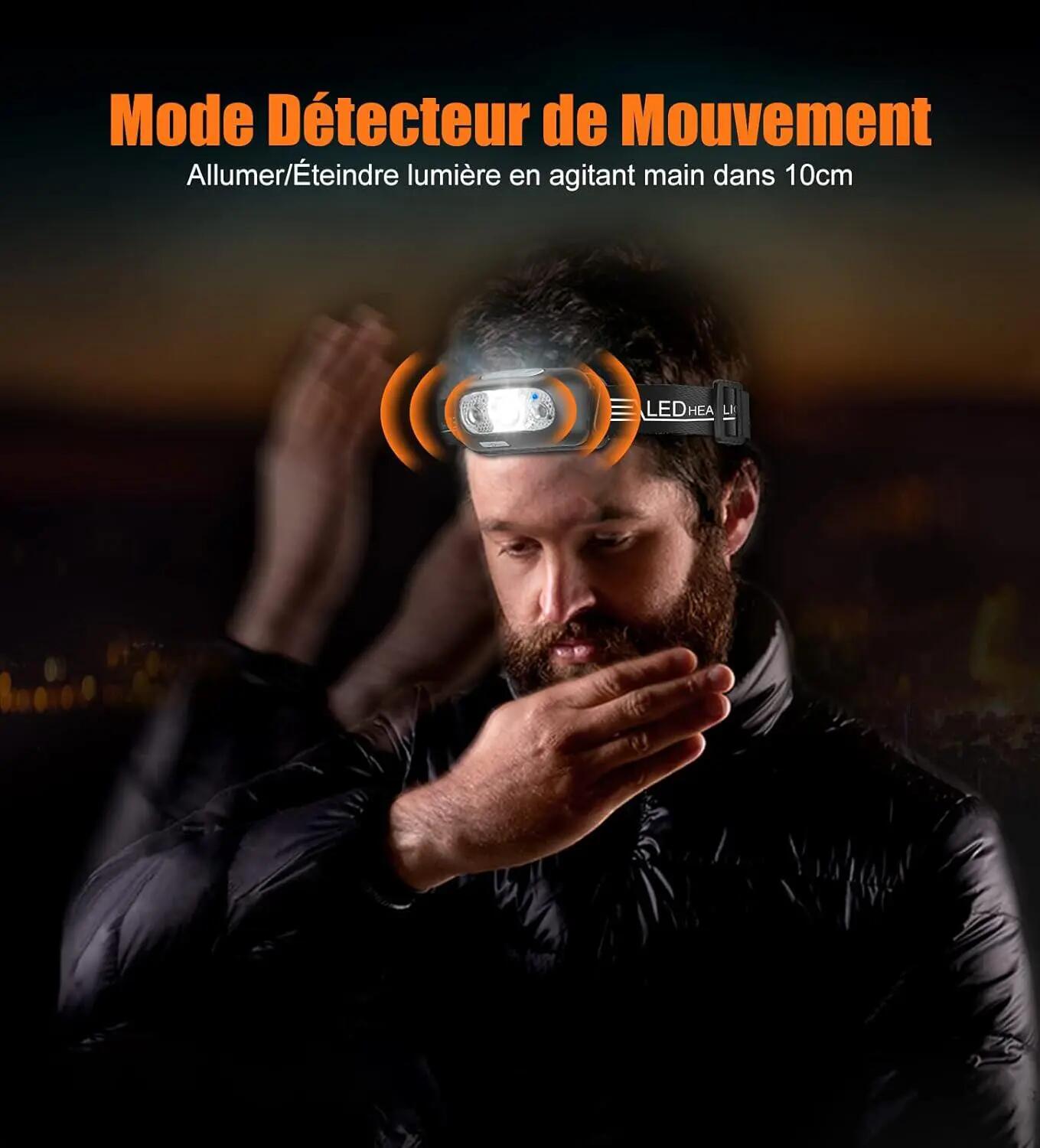 Lampe frontale LED puissante avec détecteur de mouvement, étanchéité IPX6, 4 mod 4/5