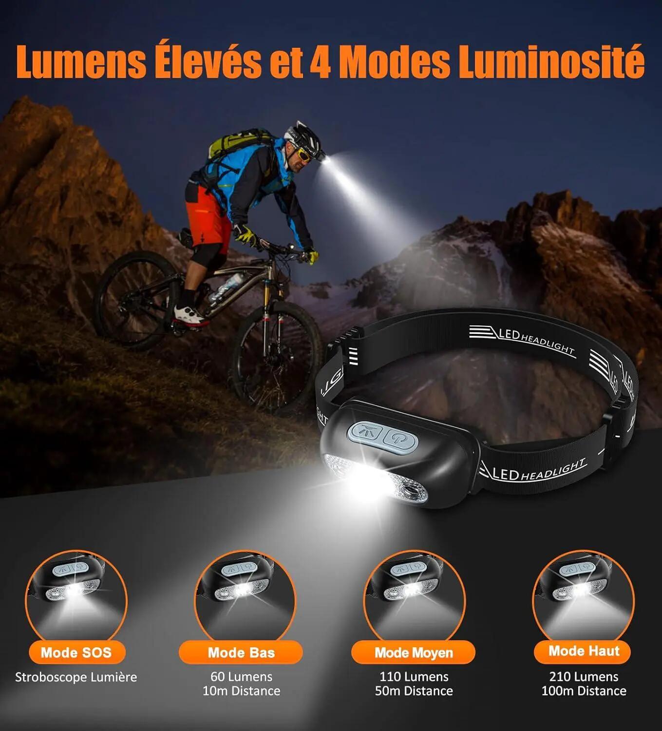 Lampe frontale LED puissante avec détecteur de mouvement, étanchéité IPX6, 4 mod 3/5