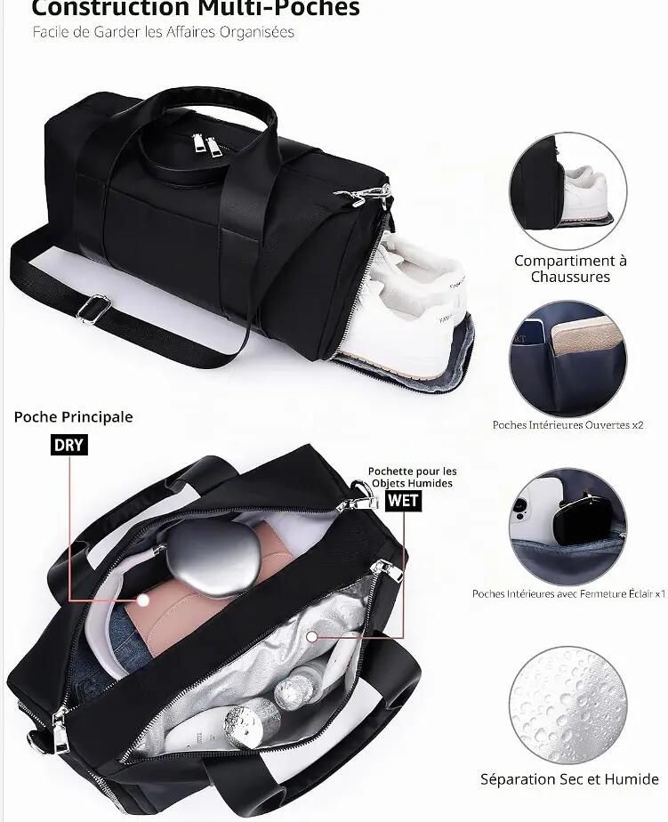 Sac de sport et de voyage 16 pouces pour femmes et enfants, avec compartiment à 3/5