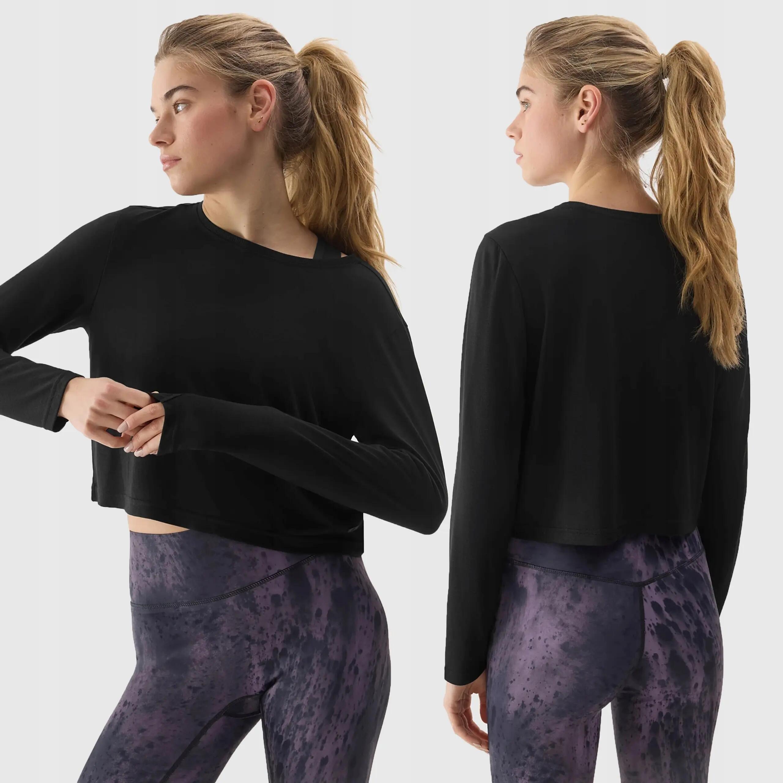 LONGSLEEVE DAMSKI 4F CROP-TOP DO JOG BLUZA Z DODATKIEM MODALU KOLOR CZARNY