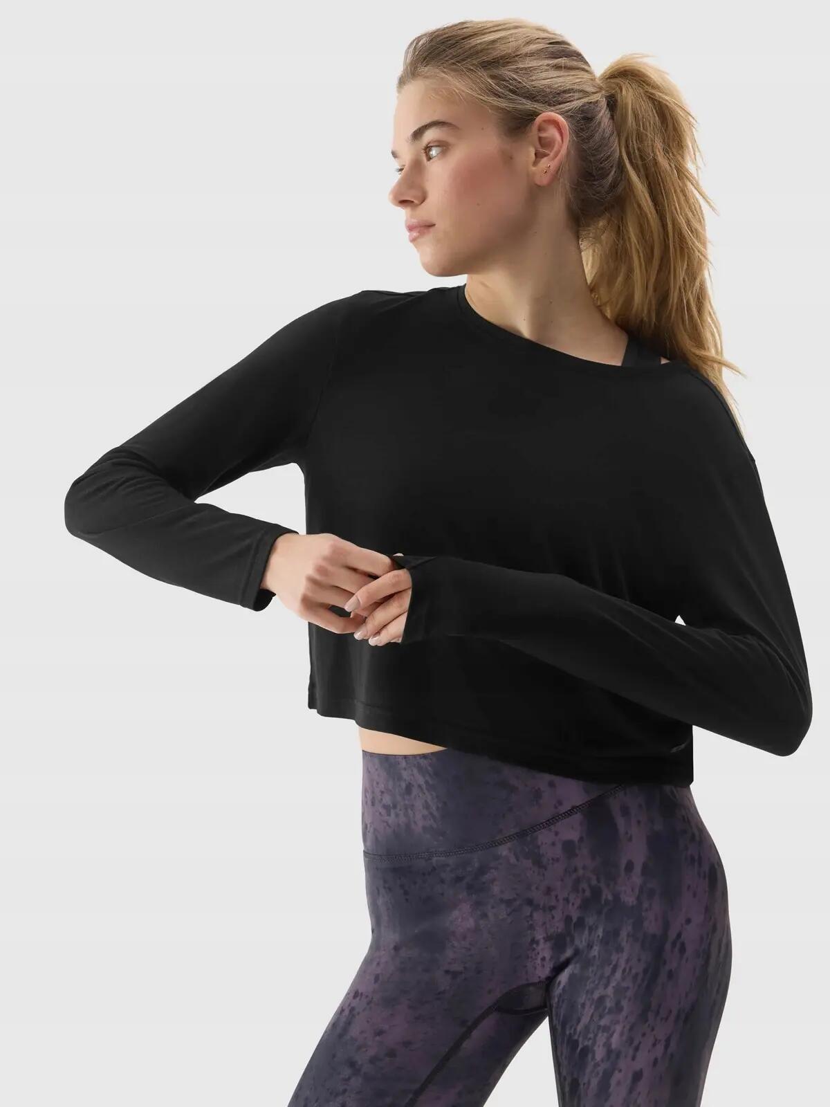 LONGSLEEVE DAMSKI 4F CROP-TOP DO JOG BLUZA Z DODATKIEM MODALU  KOLOR CZARNY 2/8
