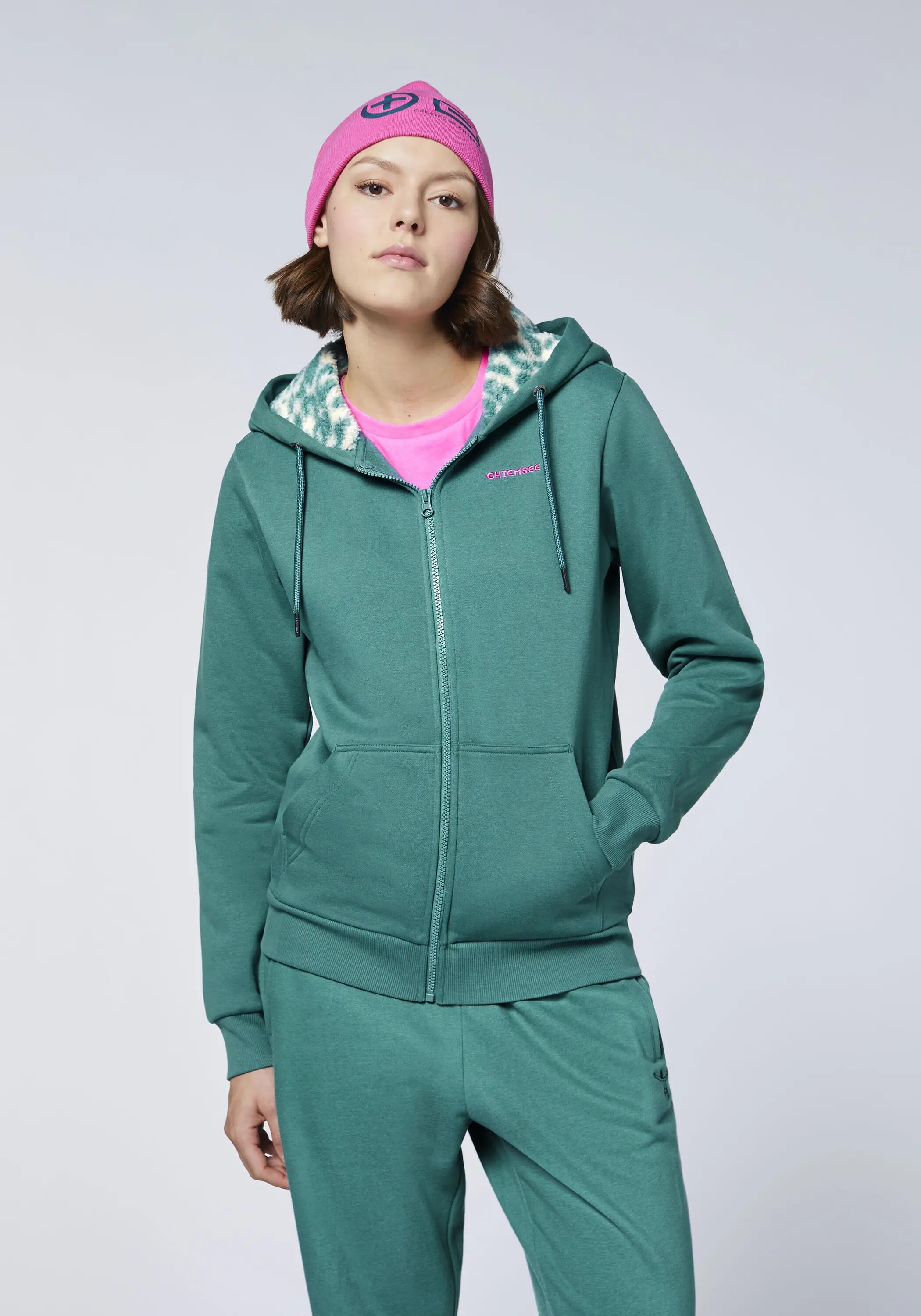 Sweatjacke mit kontrastfarbenem Kapuzen-Innenfutter 3/7