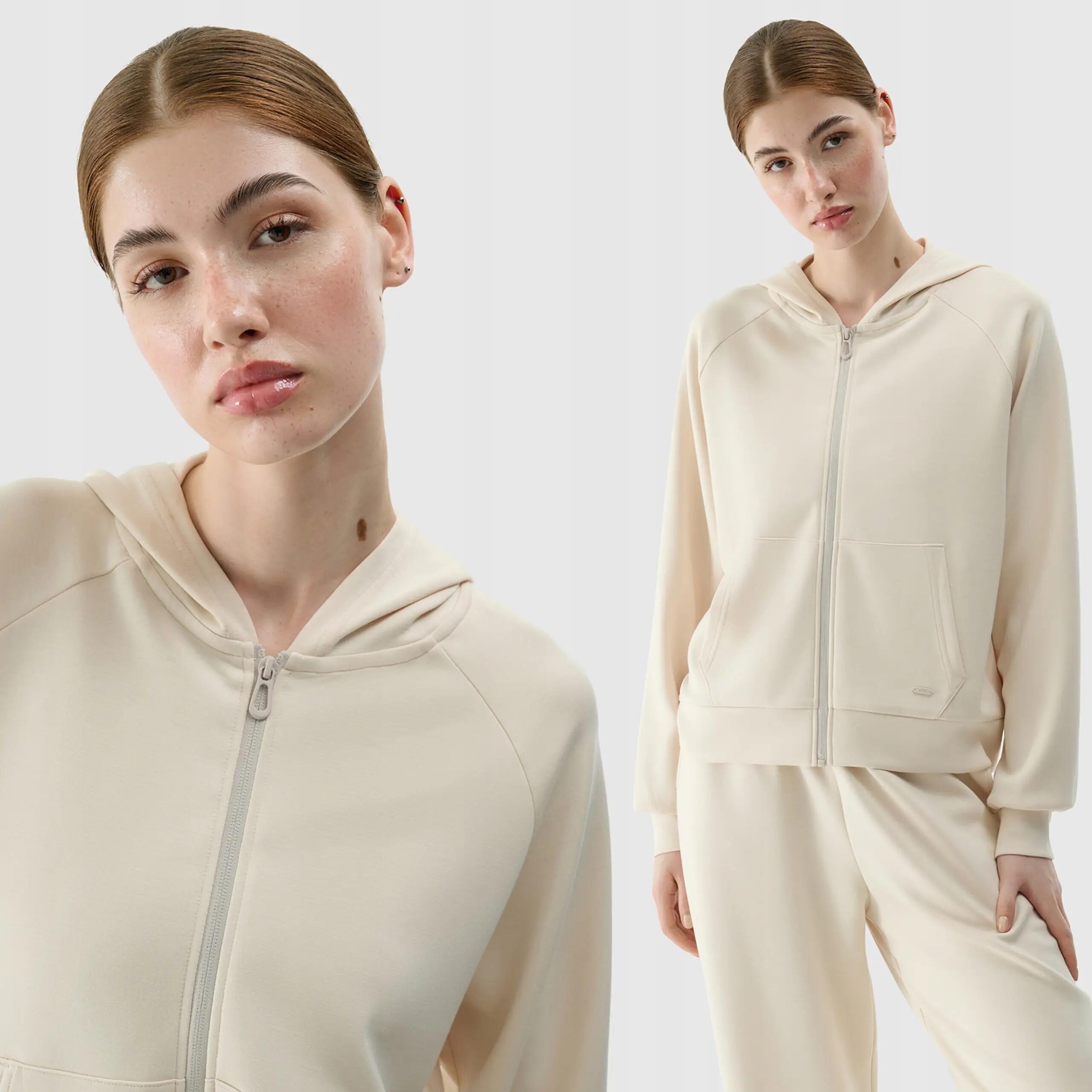BLUZA DRESOWA DAMSKA 4F ROZPINANA Z KAPTUREM XS TSWSF1577 KOLOR BEŻOWY 7/8