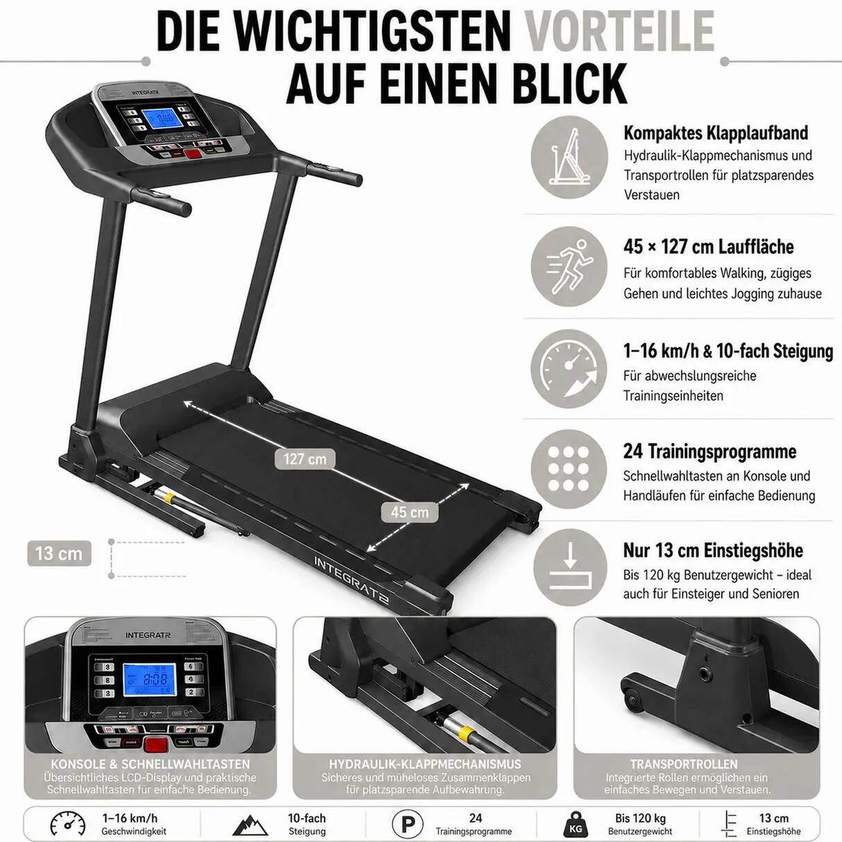 Elektrisches Laufband Integra T2 klappbar Steigung 10% 16 km/h 120kg Belastung 3/4