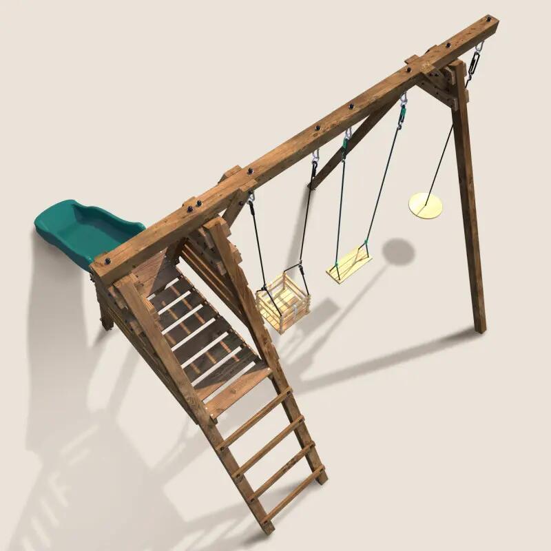 Portique en bois carré 3 agrès balançoire bébé, corde disque et toboggan FLEUR 5/5