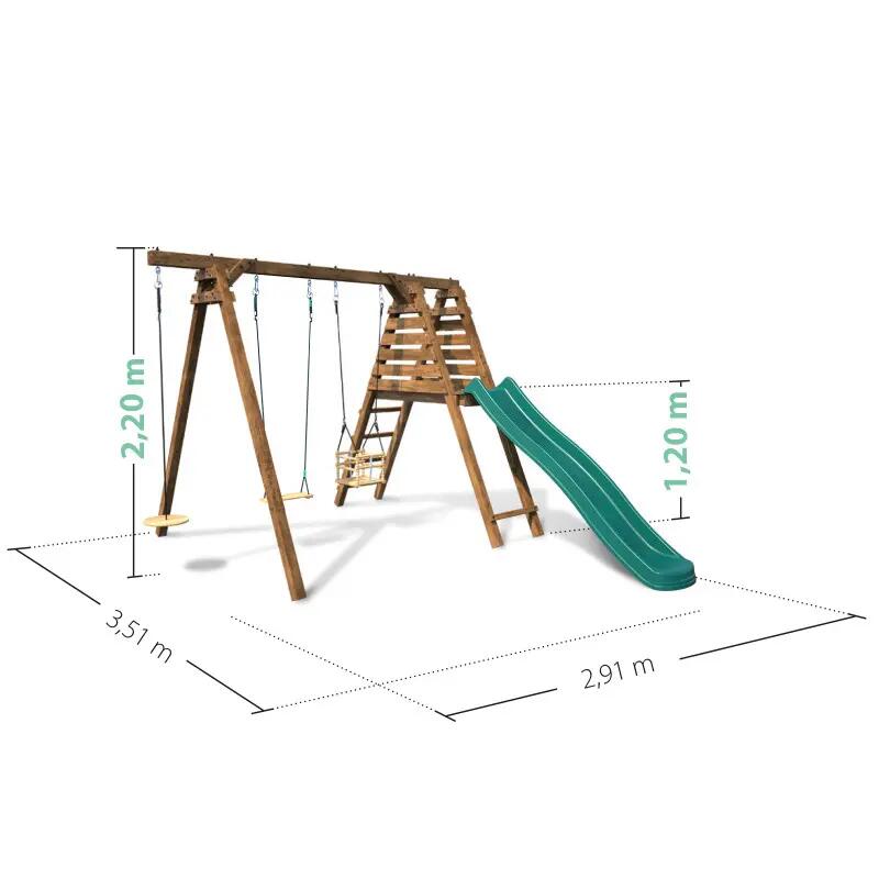 Portique en bois carré 3 agrès balançoire bébé, corde disque et toboggan FLEUR 4/5