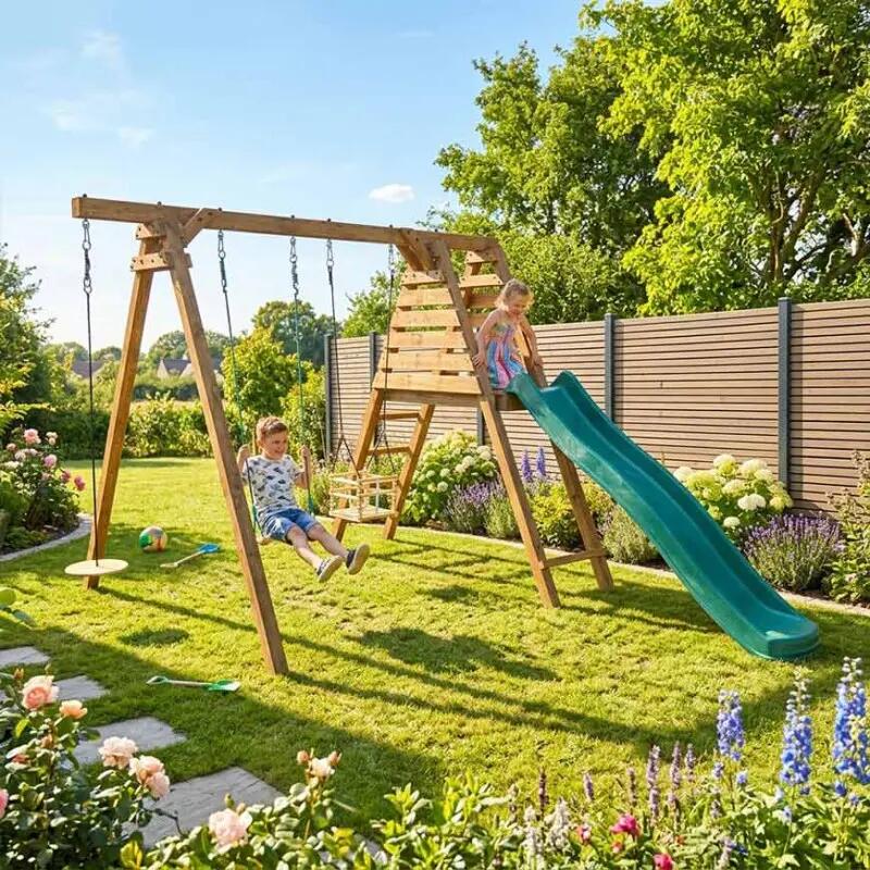 Portique en bois carré 3 agrès balançoire bébé, corde disque et toboggan FLEUR 3/5