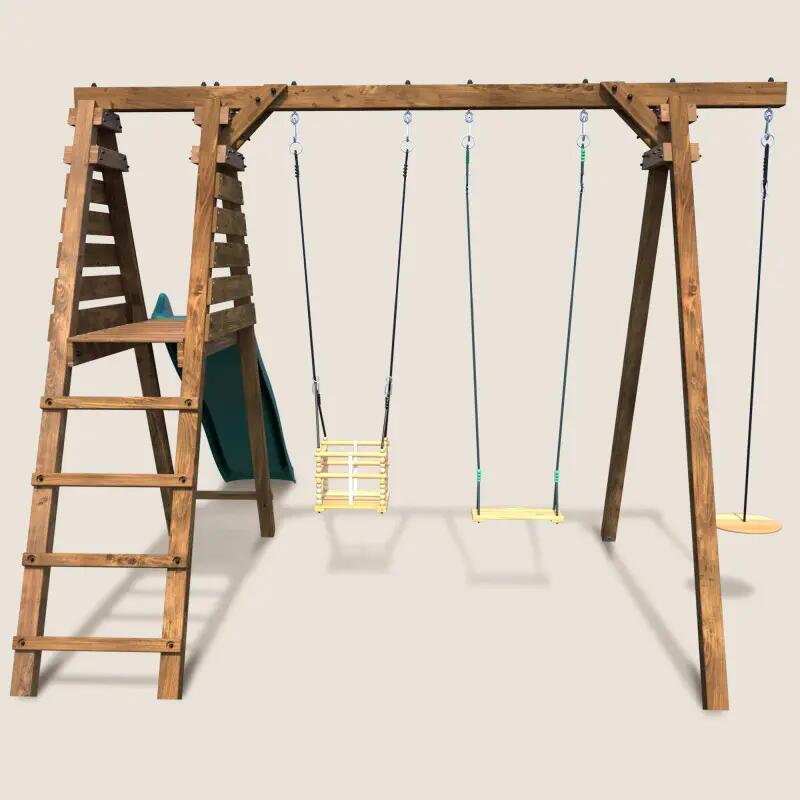 Portique en bois carré 3 agrès balançoire bébé, corde disque et toboggan FLEUR 2/5