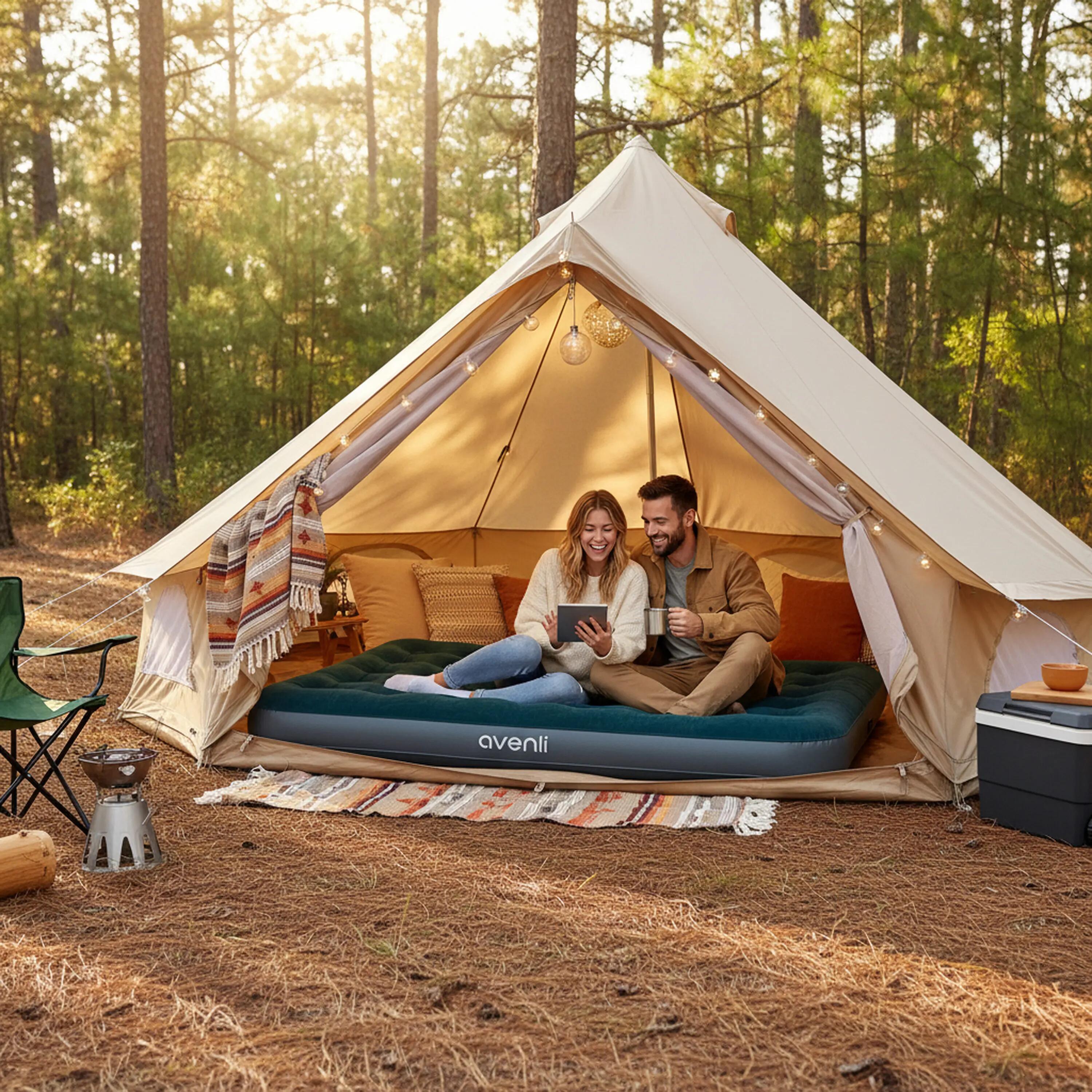 Luftmatratze Camping 2 Personen grün 203x152x22cm Luftbett mit Fußpumpe 3/7