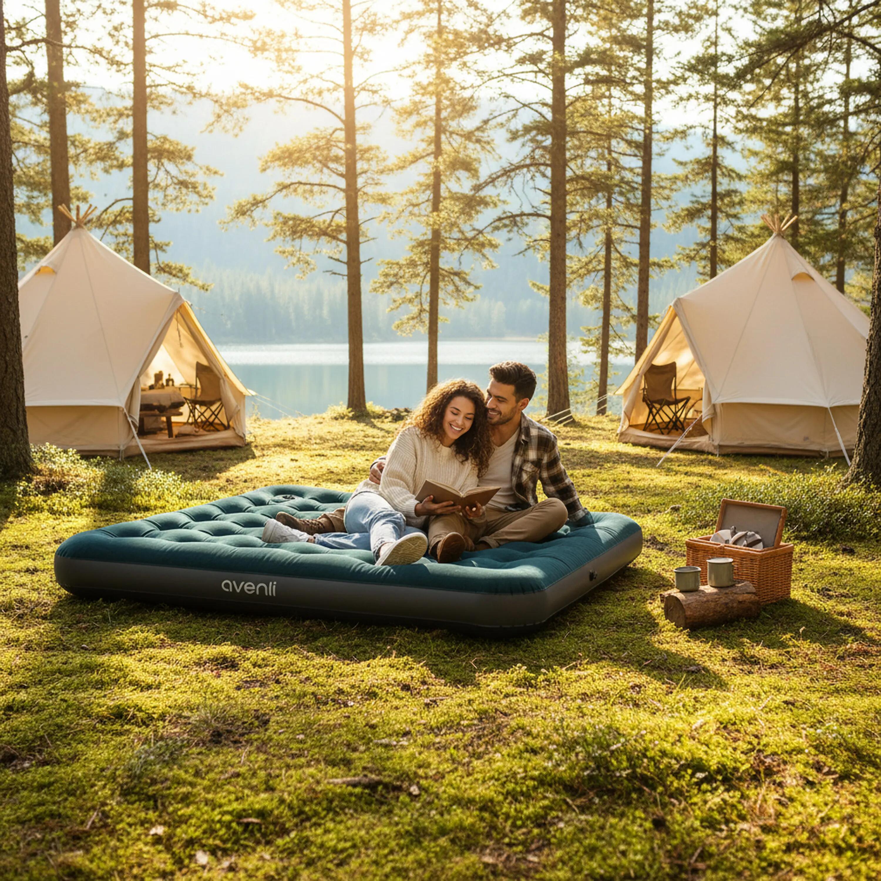 Luftmatratze Camping 2 Personen grün 203x152x22cm Luftbett mit Fußpumpe 2/7