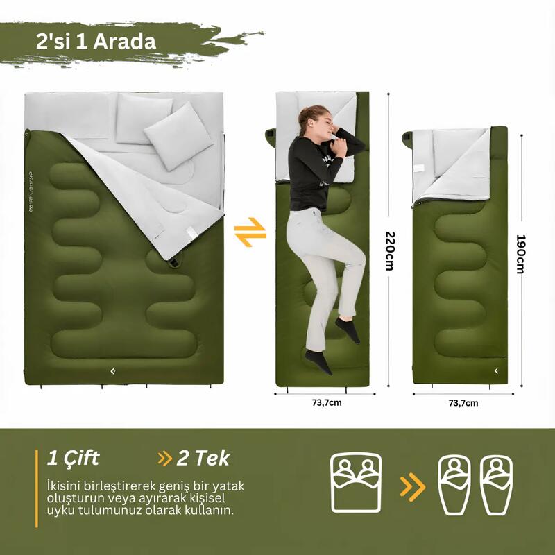 KingCamp Oxygen 250-D Çift Kişilik Yastıklı Uyku Tulumu Olive