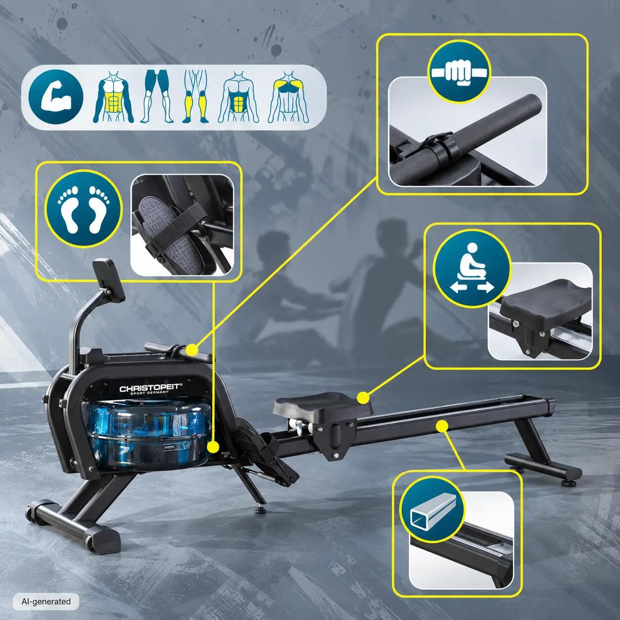 Rudergerät mit Wasser- + Magnetwiderstand - Tablethalterung - Bluetooth WP 2000 3/10