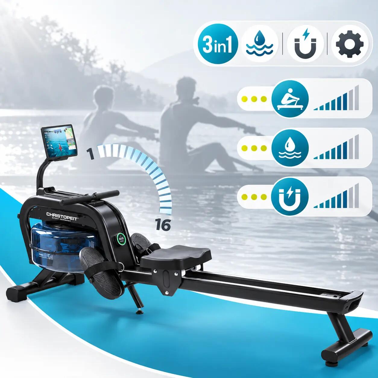Rudergerät mit Wasser- + Magnetwiderstand - Tablethalterung - Bluetooth WP 2000 2/10