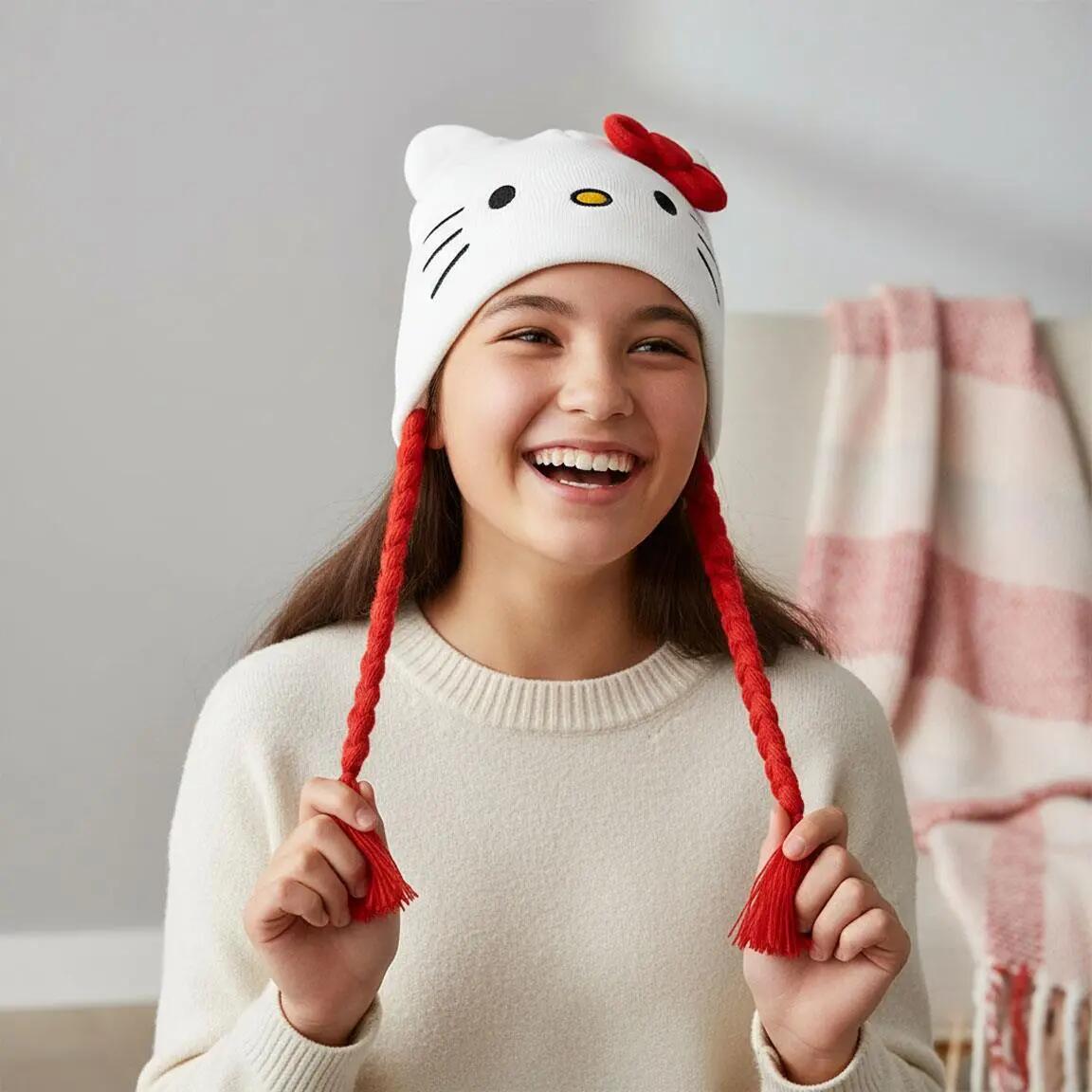 Berretto peruviano per bambini Hello Kitty con paraorecchie, Bianco 4/6