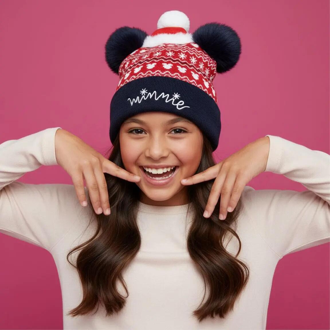Bonnet en maille enfant Minnie Mouse doux et chaud, Rouge 4/6