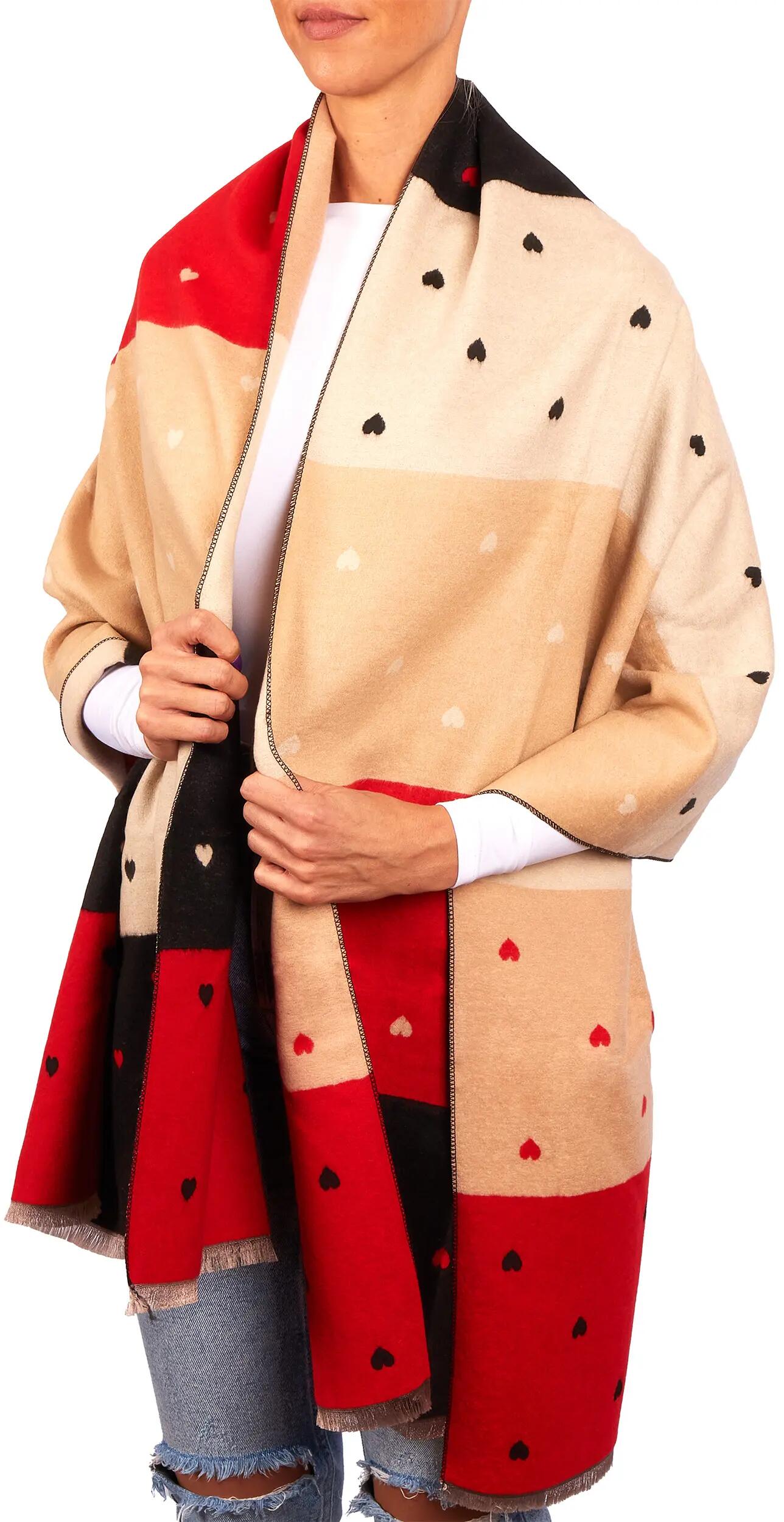 X2 Sciarpa Cashmirillo 70 x 200 cm - motivo a cuori - Rosso, Nero e Beige 2/7