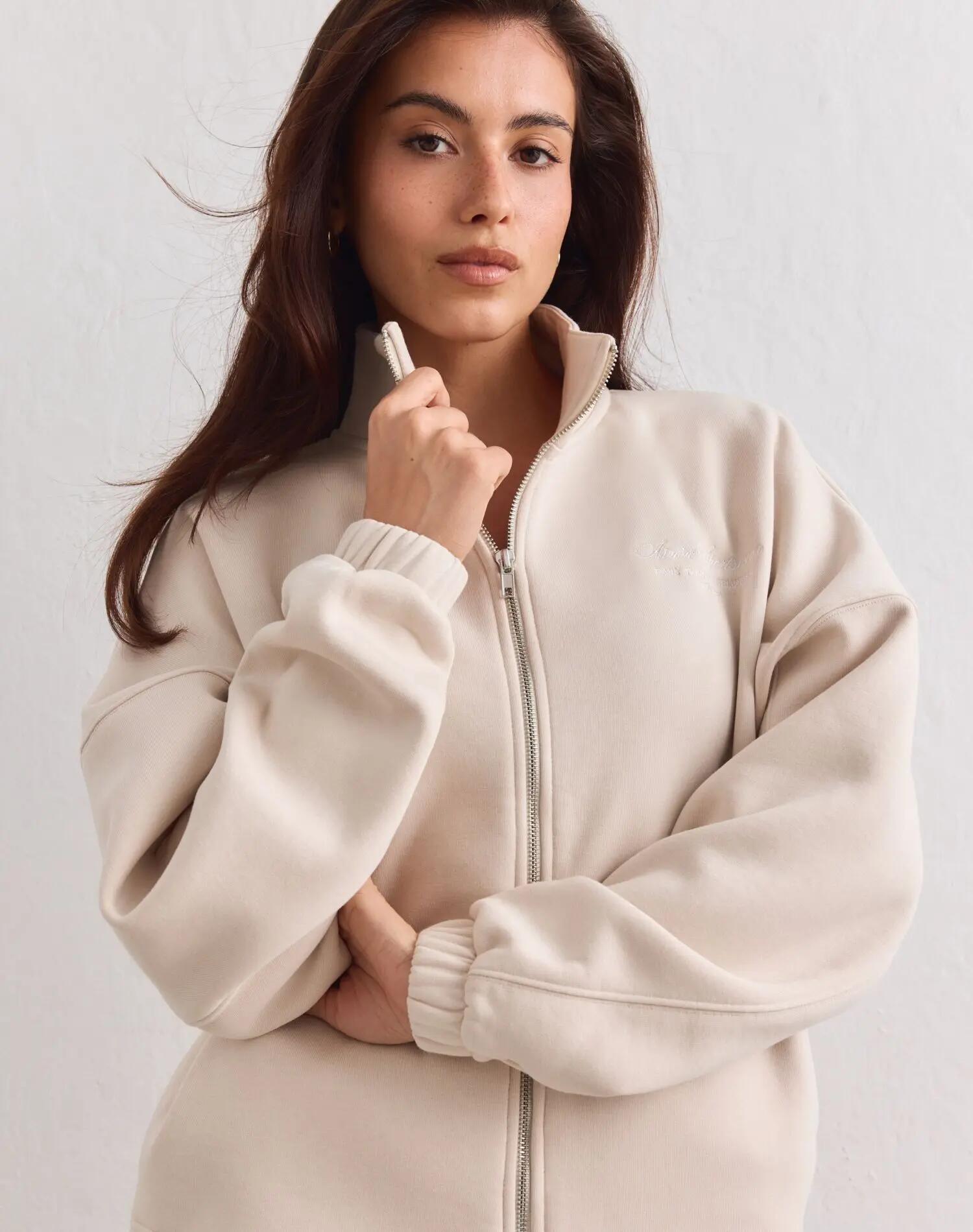 Donna Felpa Misto Cotone Cerniera Intera Collo Alto Script Sabbia 6/6