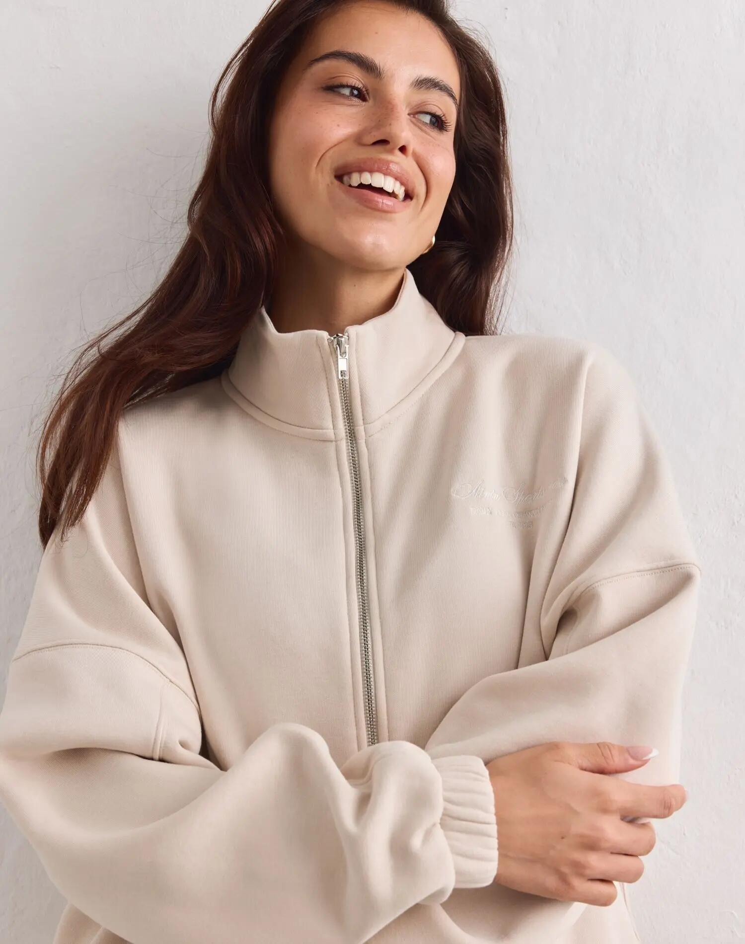 Donna Felpa Misto Cotone Cerniera Intera Collo Alto Script Sabbia 5/6
