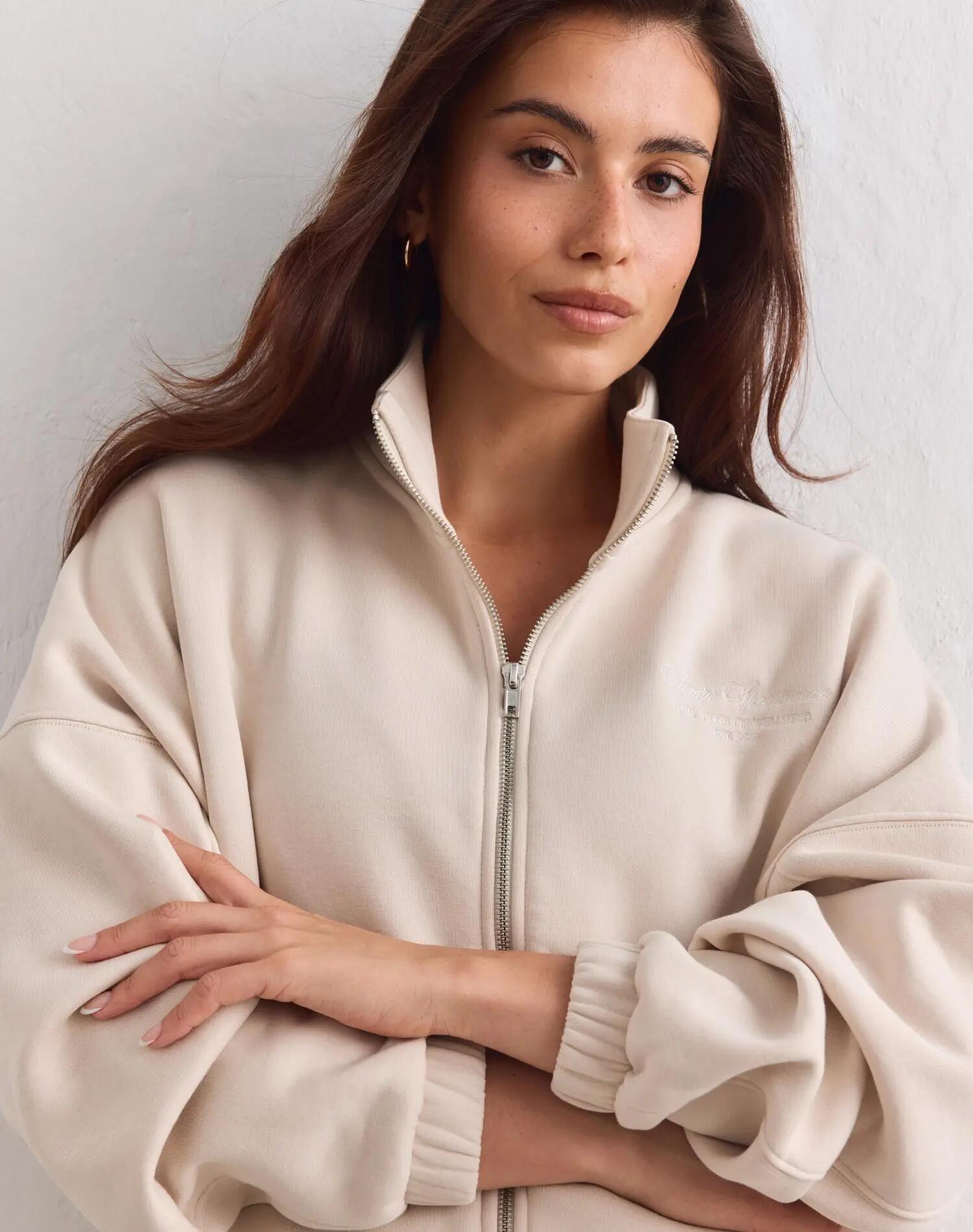 Donna Felpa Misto Cotone Cerniera Intera Collo Alto Script Sabbia 2/6