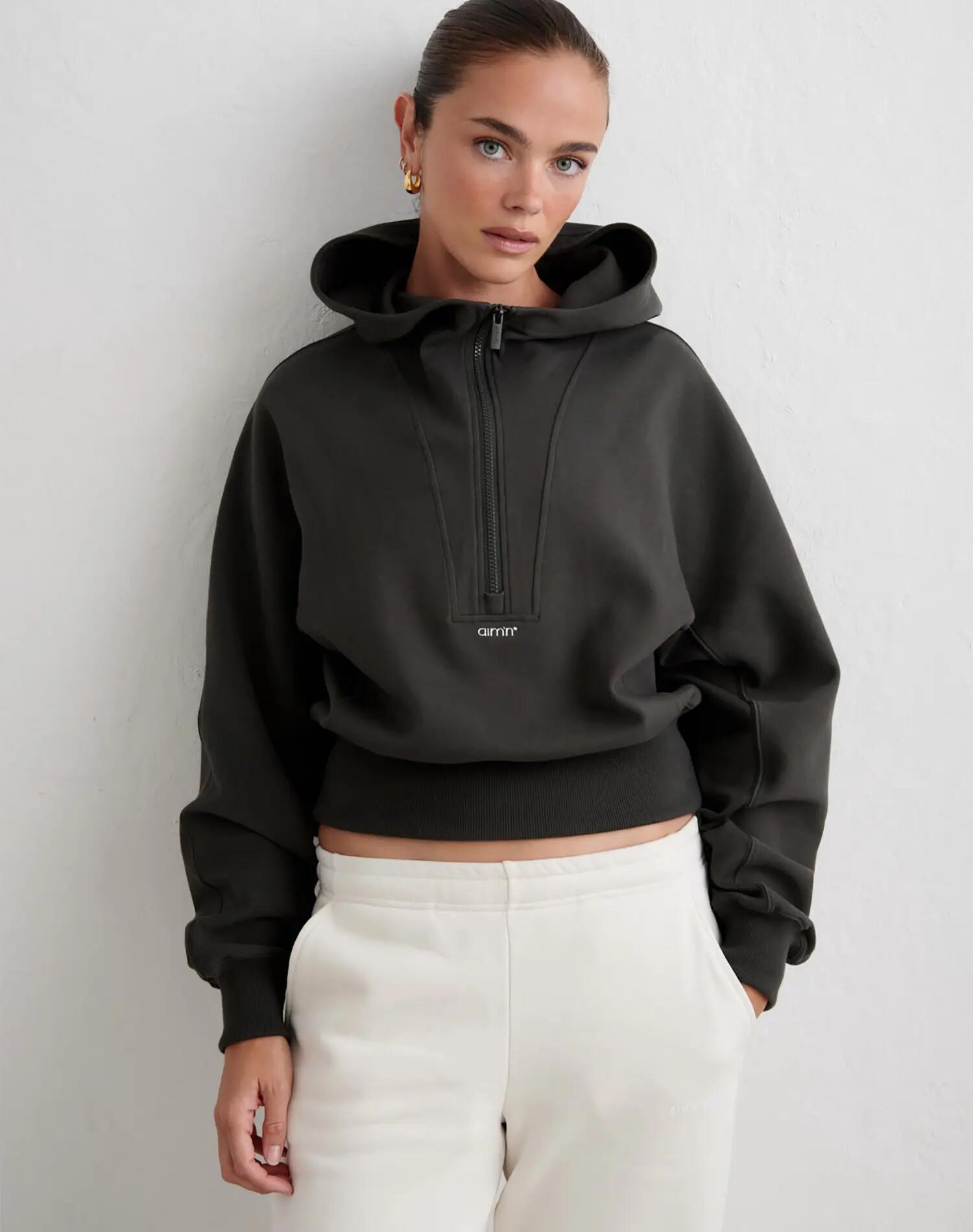 Damen Hoodie Strukturjersey Kurz Locker Half-Zip Sportif Dunkles Efeugrün 6/6
