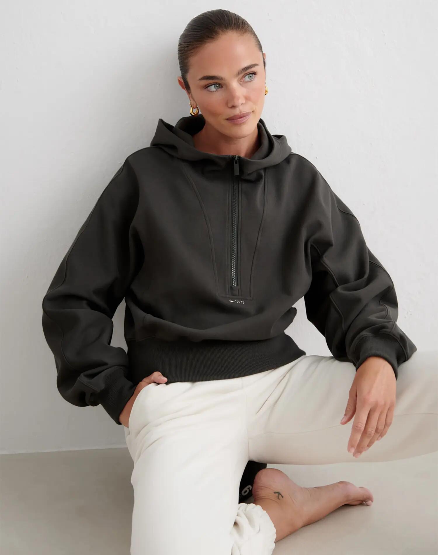 Damen Hoodie Strukturjersey Kurz Locker Half-Zip Sportif Dunkles Efeugrün 5/6