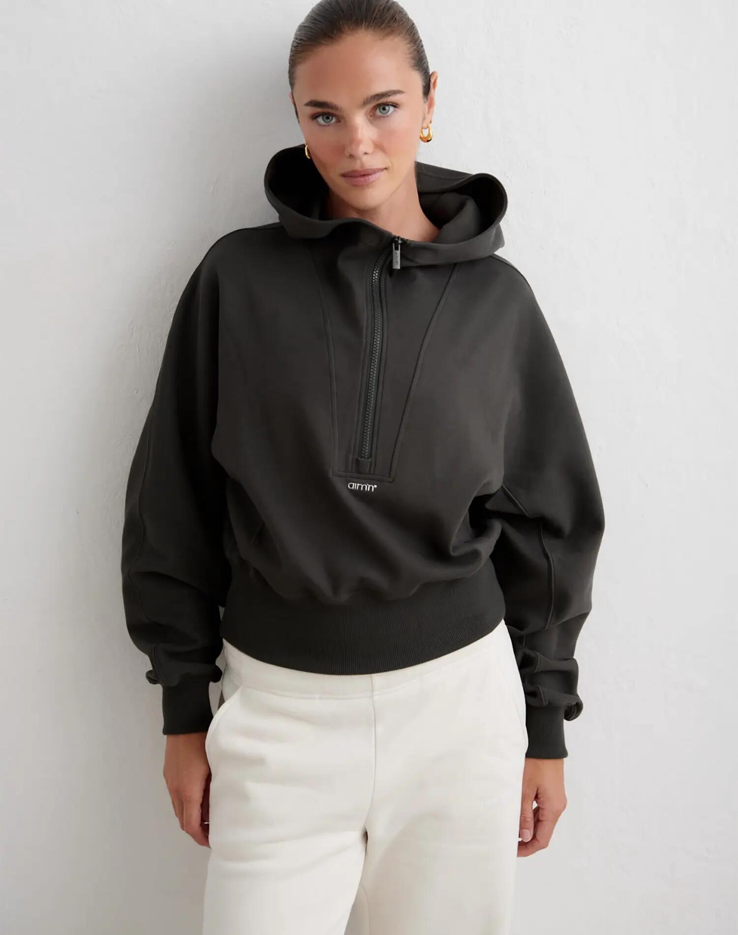 Damen Hoodie Strukturjersey Kurz Locker Half-Zip Sportif Dunkles Efeugrün 4/6