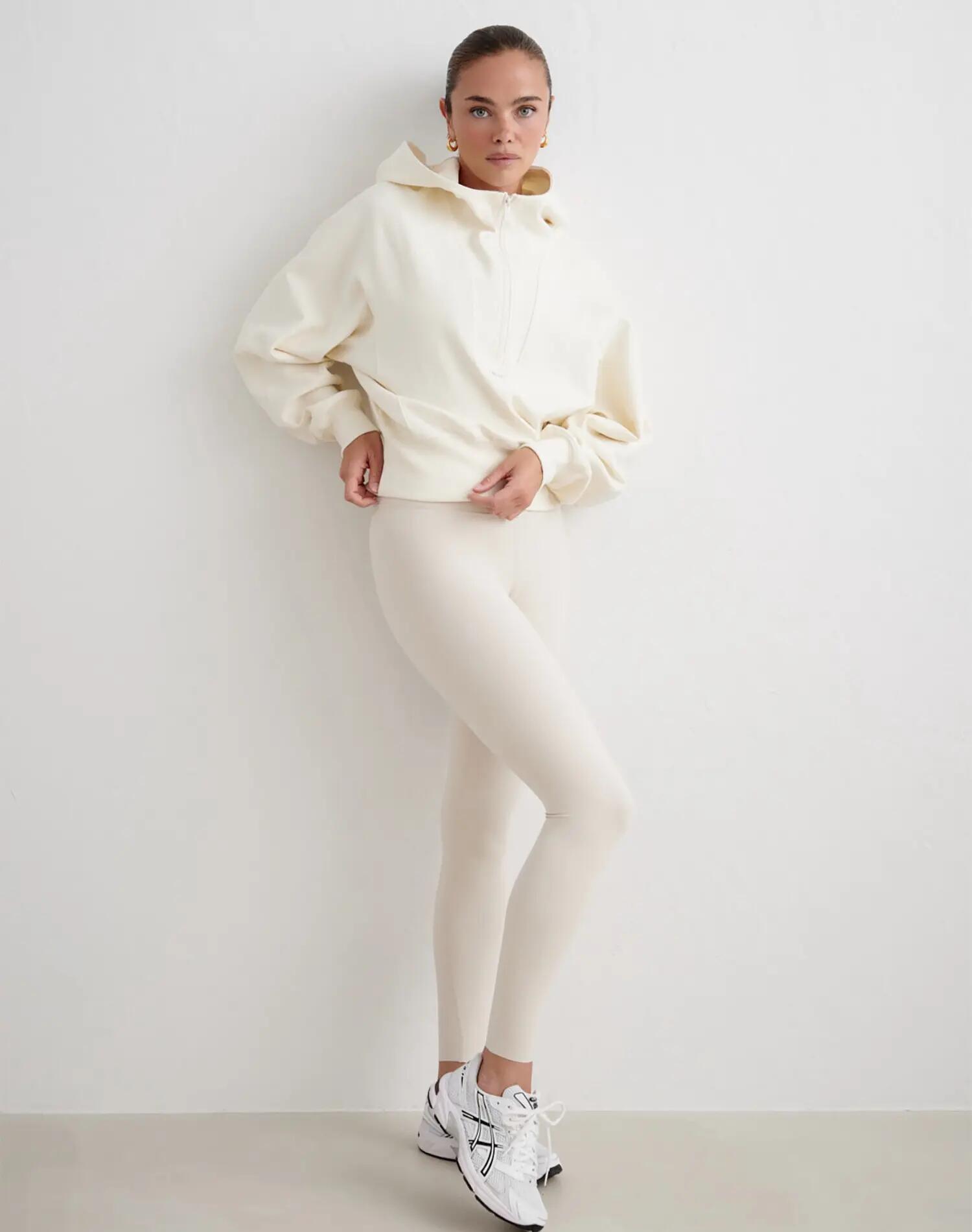 Dames Hoodie Halve Rits Gestructureerde Jersey Sportif Half Zip Hood Crème 2/5