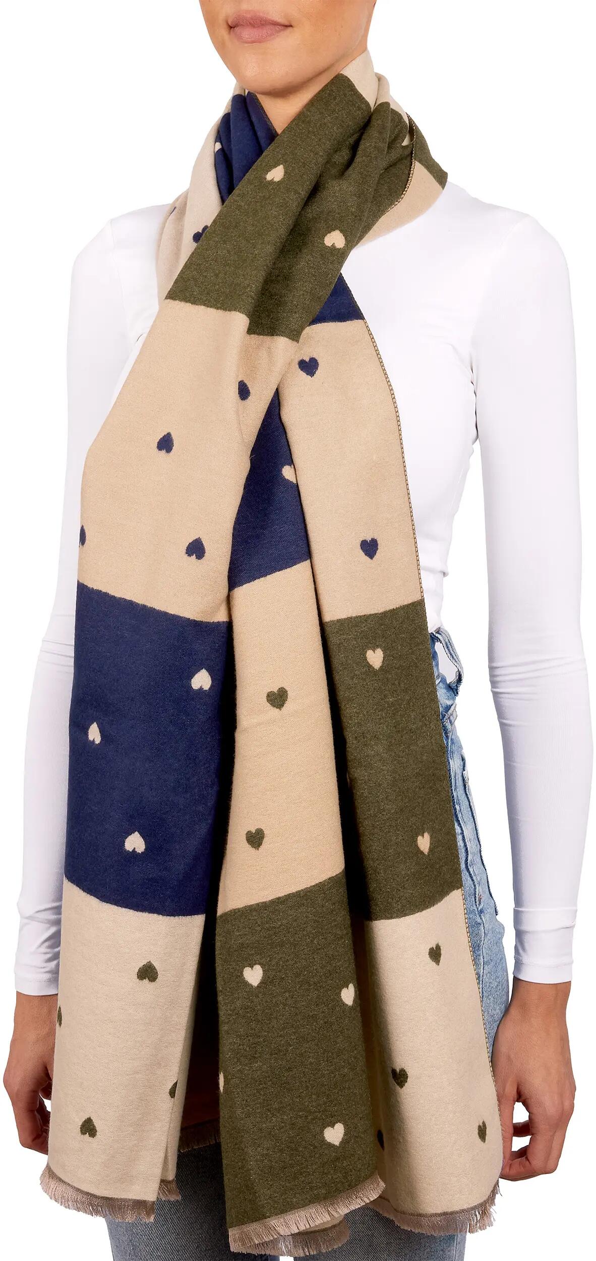 X2 Sciarpa Cashmirillo 70 x 200 cm - motivo a cuori - Blu, Oliva e Beige 3/7