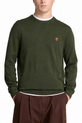 Trui - casual - heren - 100% katoen, geborduurd logo, ronde hals - donkergroen