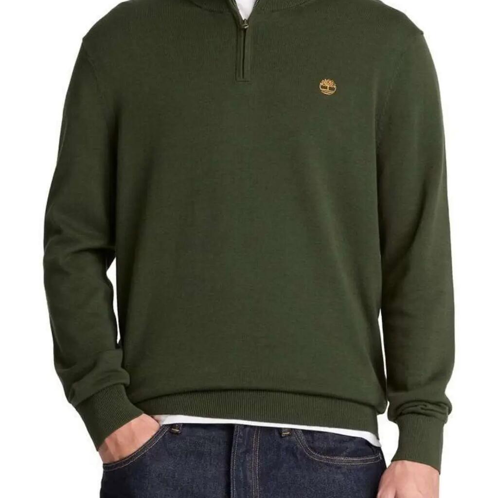Men’s Timberland half-zip pullover, 100% cotton, military green