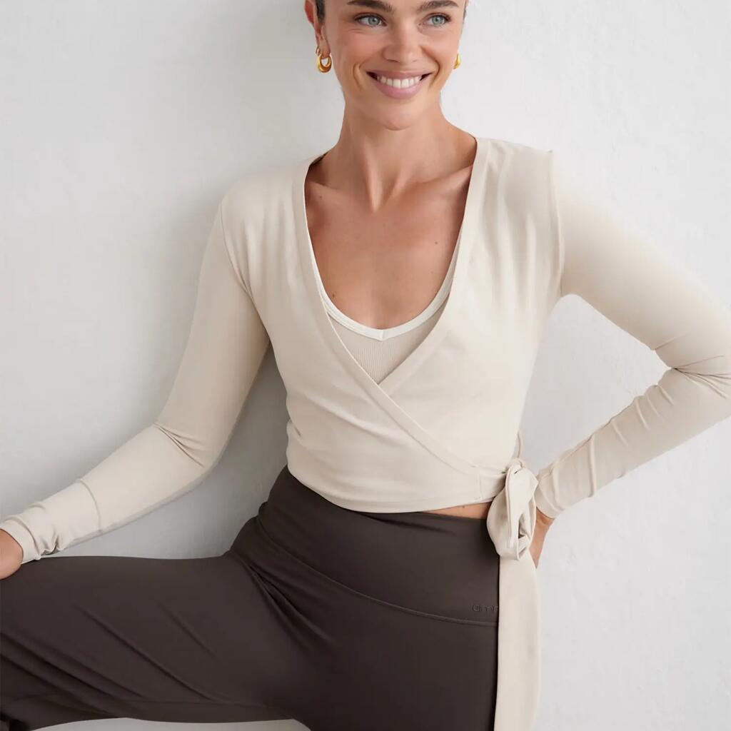 Women's Long Sleeve Top Seamless Wrap Adjustable Ties Shape Sand Beige