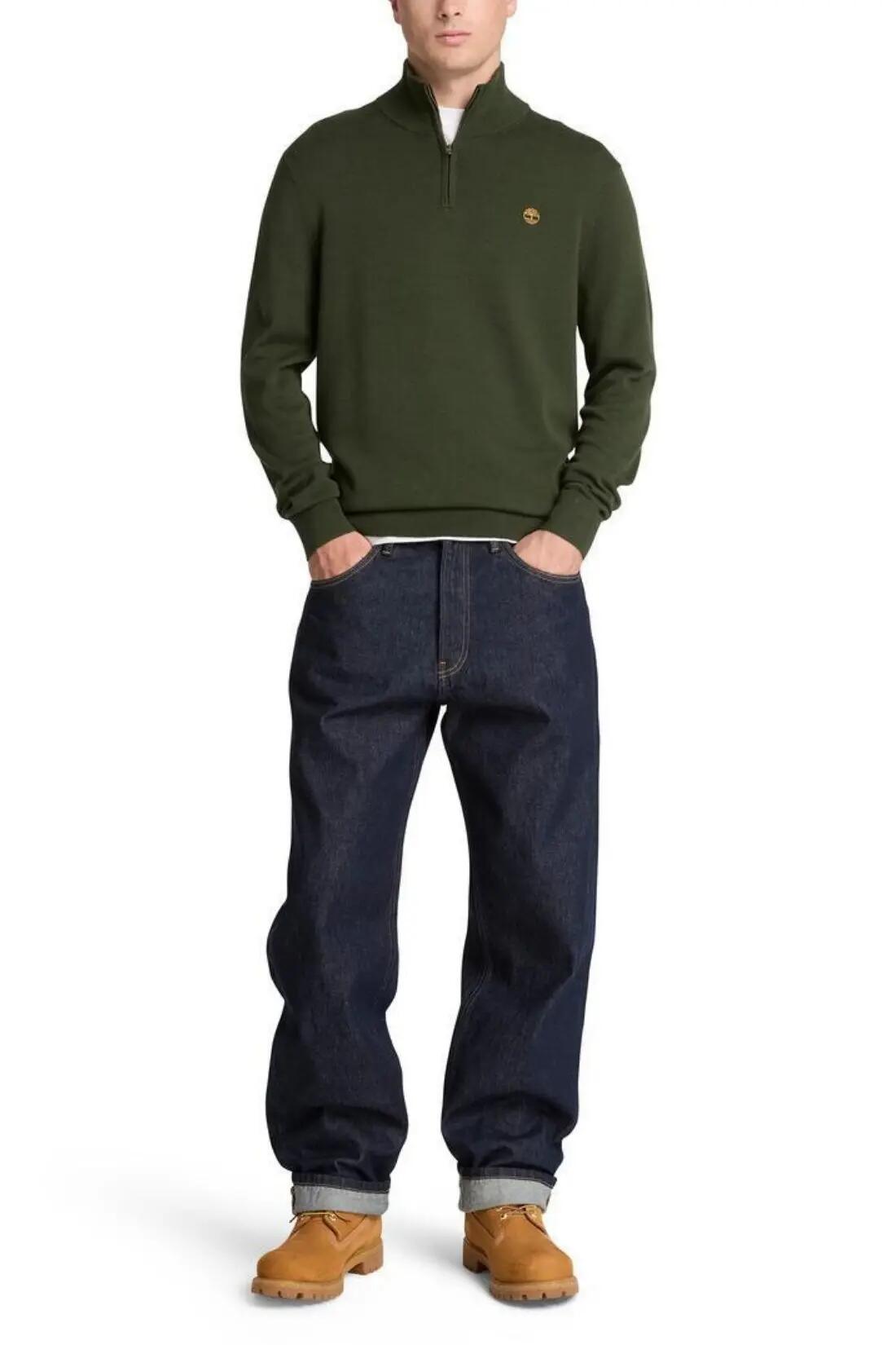 pullover - hombre - media cremallera - algodón 100% - verde militar 2/4