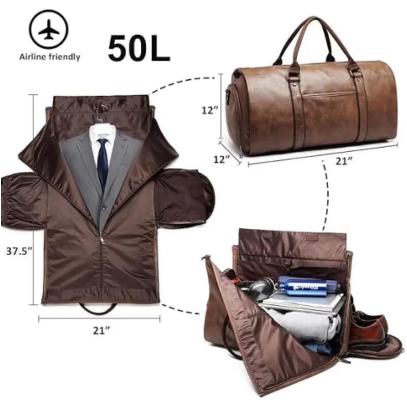 Sac de voyage en cuir pour vêtements, sac polochon convertible pour costume homm 3/5
