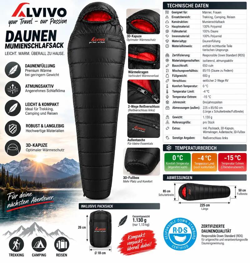 Daunenschlafsack Ibex 600 Ultraleicht 1,13 kg Schlafsack Extrem -15°C 3/4