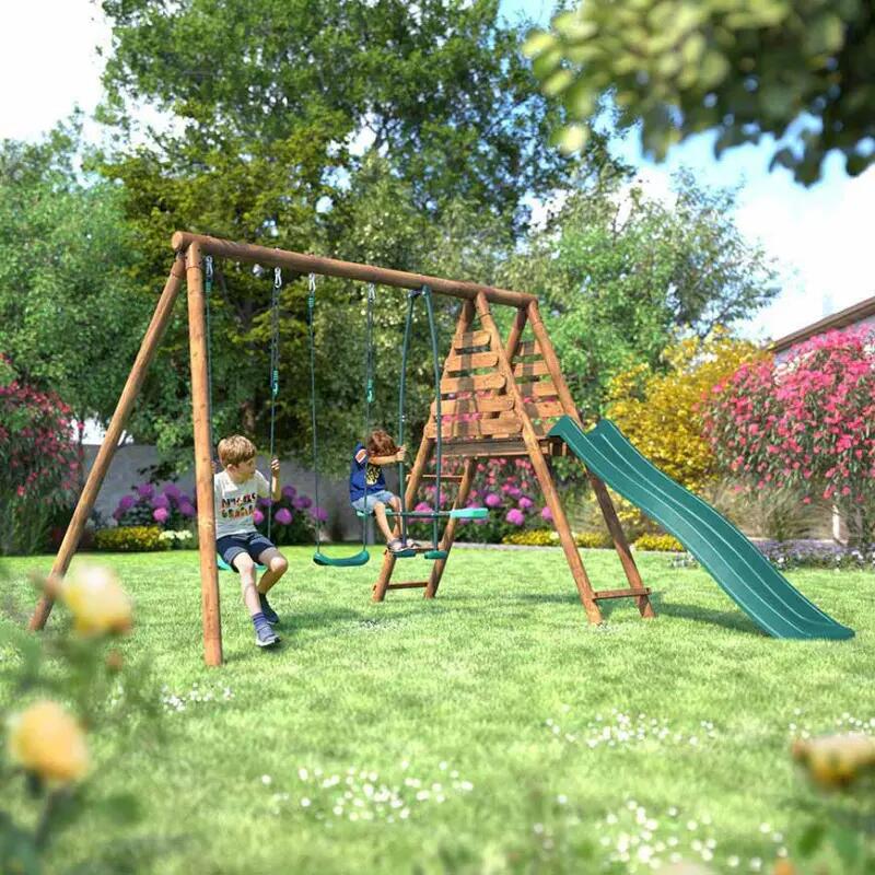 Portique bois rond 4 agrès avec toboggan JONQUILLE 3/5