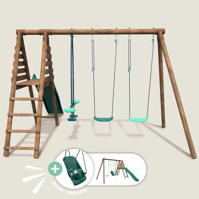 Portique bois rond 4 agrès avec toboggan JONQUILLE 2/5