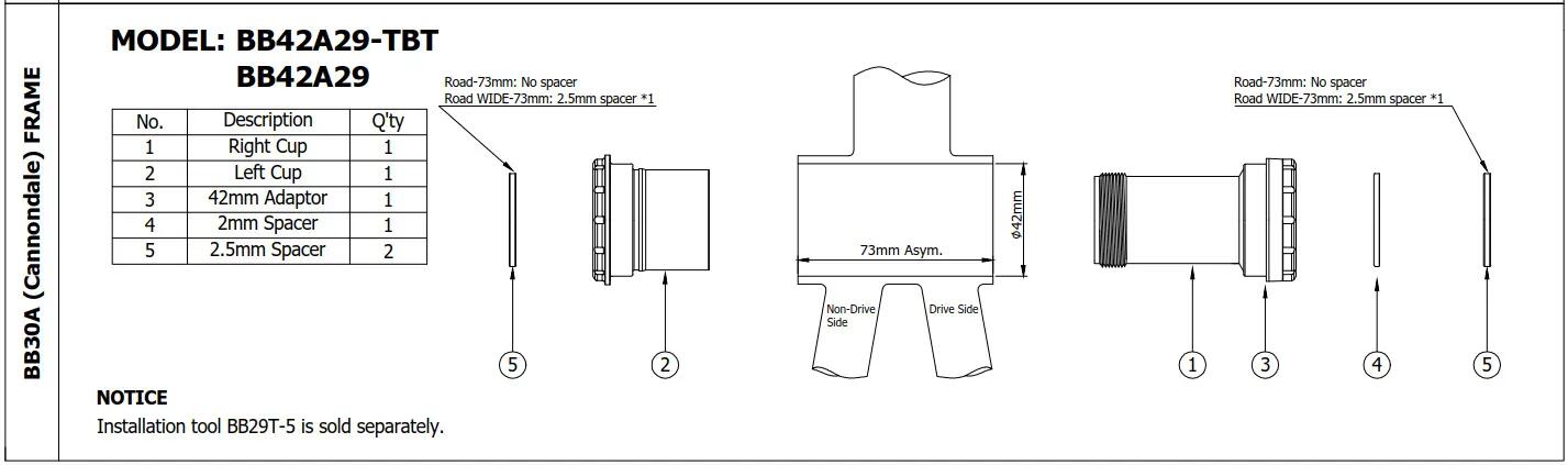 Token Innenlager Thread Fit Ninja BB Rh: Cannondale BB30A73mm - KRG: Sram DUB 3/3