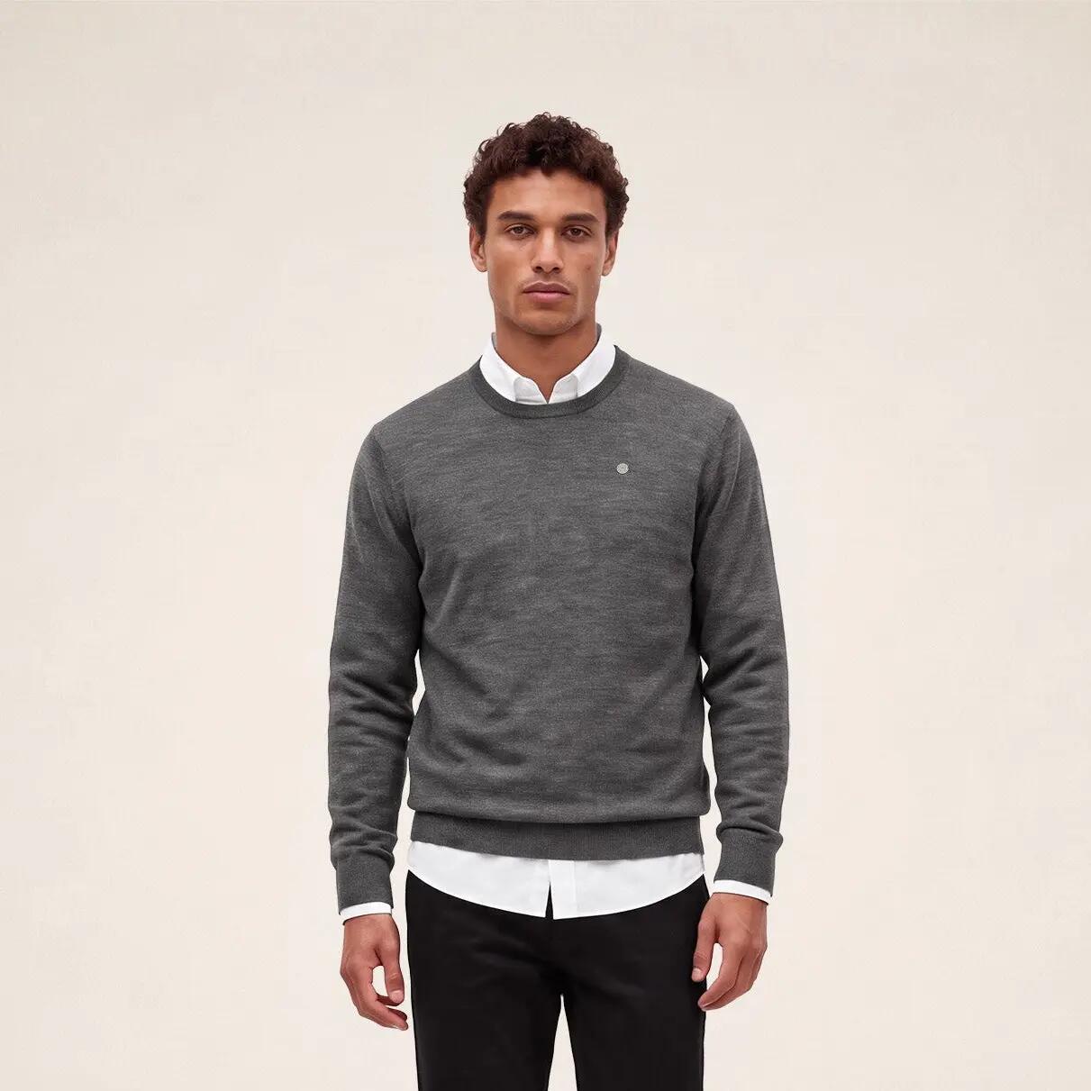 Pull col rond laine mélangée gris clair chiné Mao Essentiel 2/6