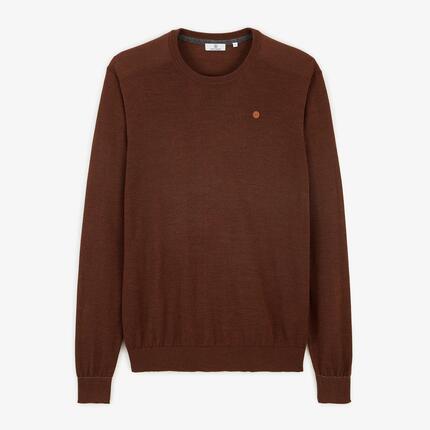 Pull col rond mérinos en laine mélangée marron brownie Mao Essentiel