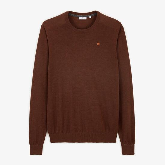 Pull col rond mérinos en laine mélangée marron brownie Mao Essentiel