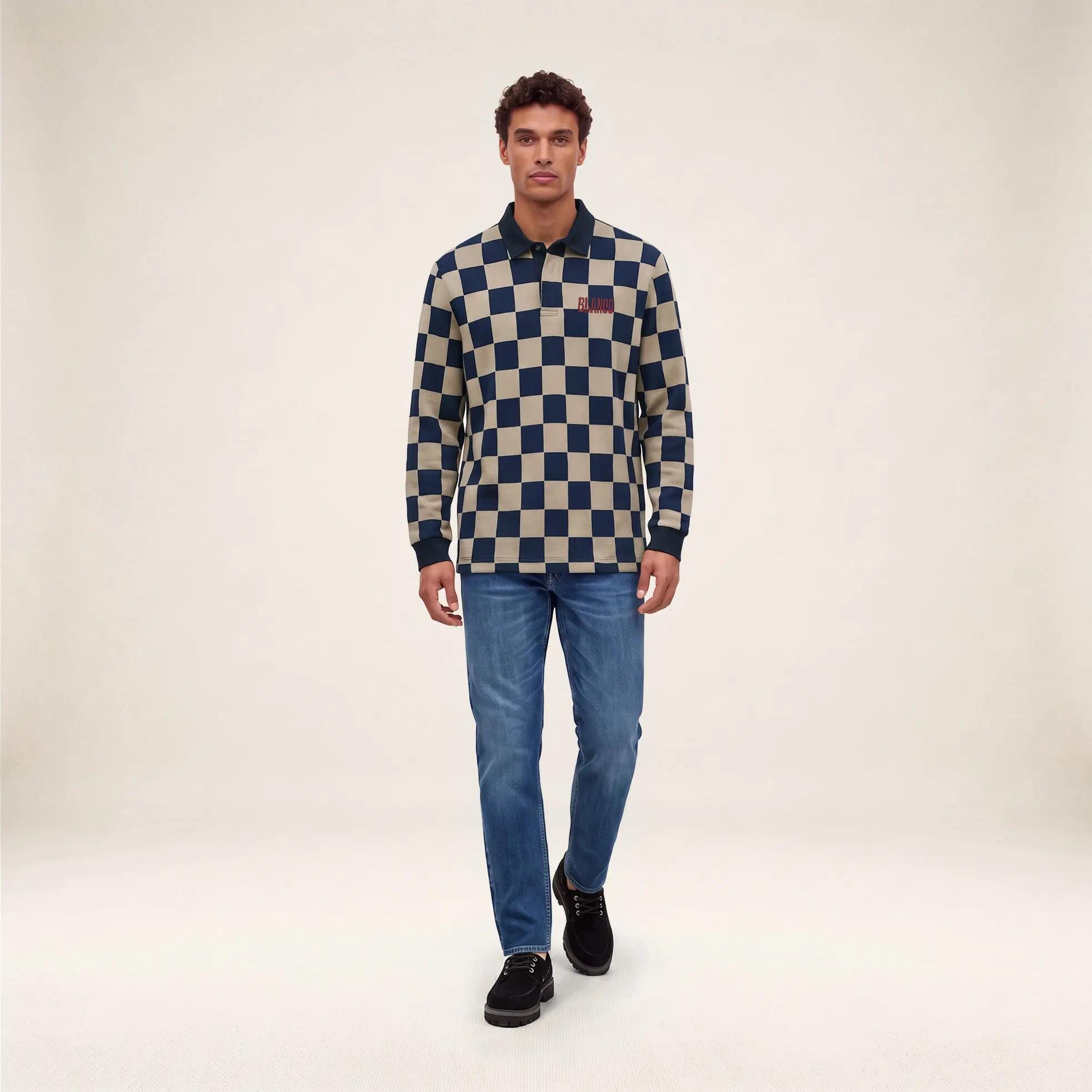 Polo rugby manches longues damier 100% coton jacquard beige broderie BLANCO 6/6