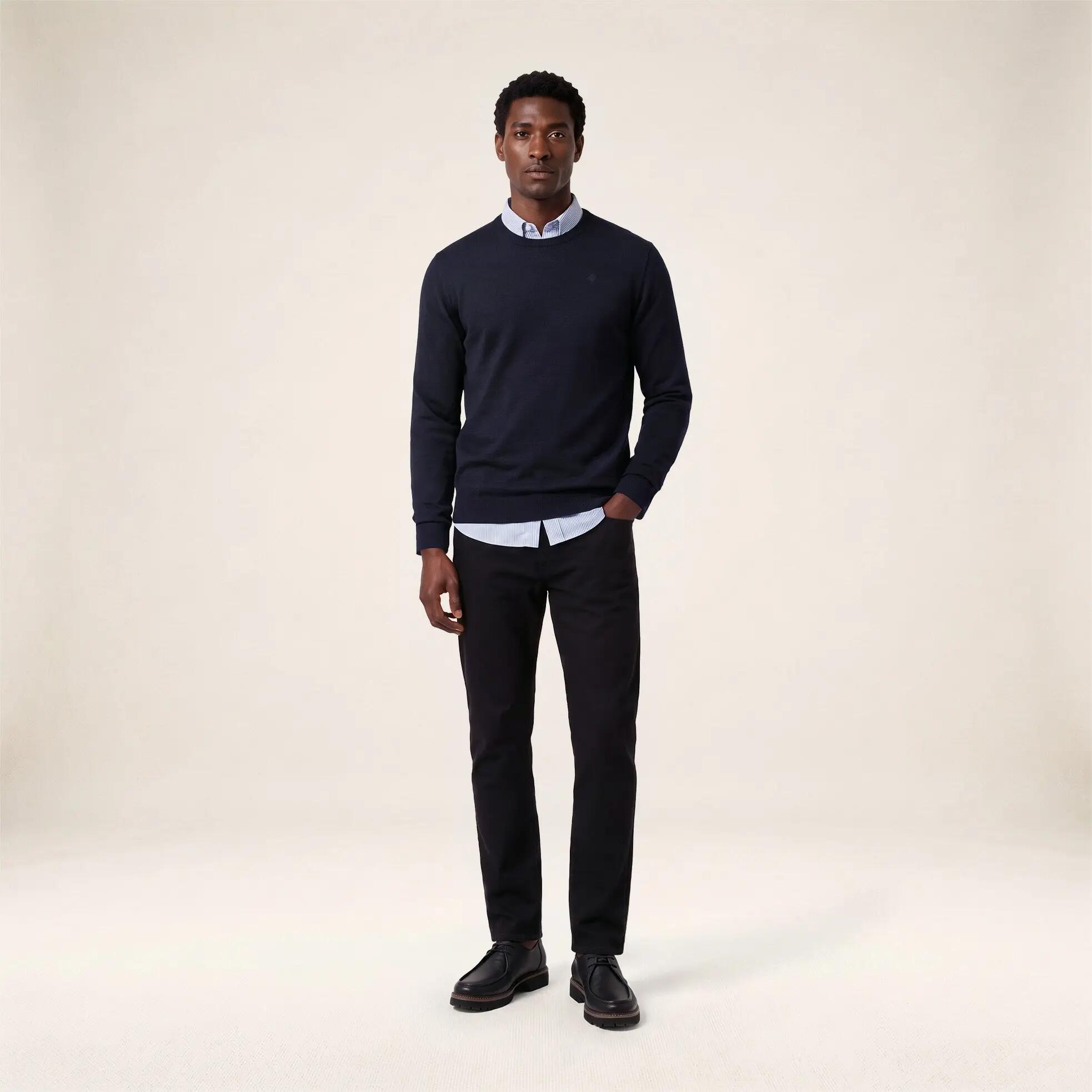 Pull col rond laine mélangée bleu marine foncé Mao Essentiel 6/6