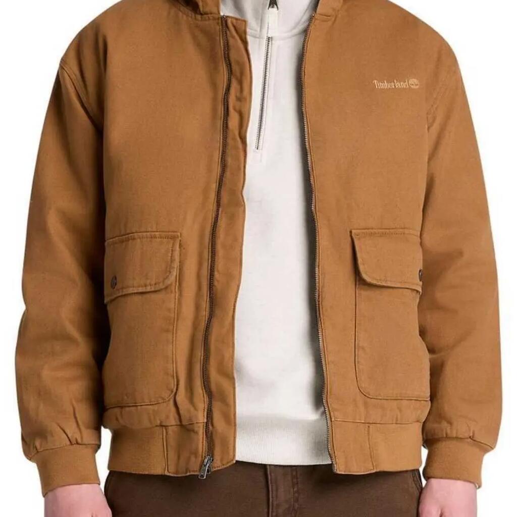 TIMBERLAND men’s bomber jacket, 100% cotton canvas, hood, snap pockets.