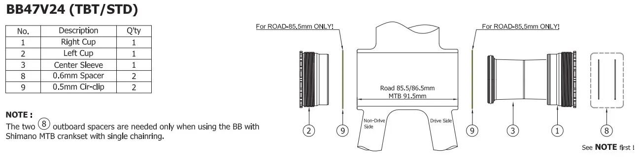 Suport TOKEN BB47V24 – T47 INBOARD (M47 x 85.5 / 86.5 / 91.5) 4/10