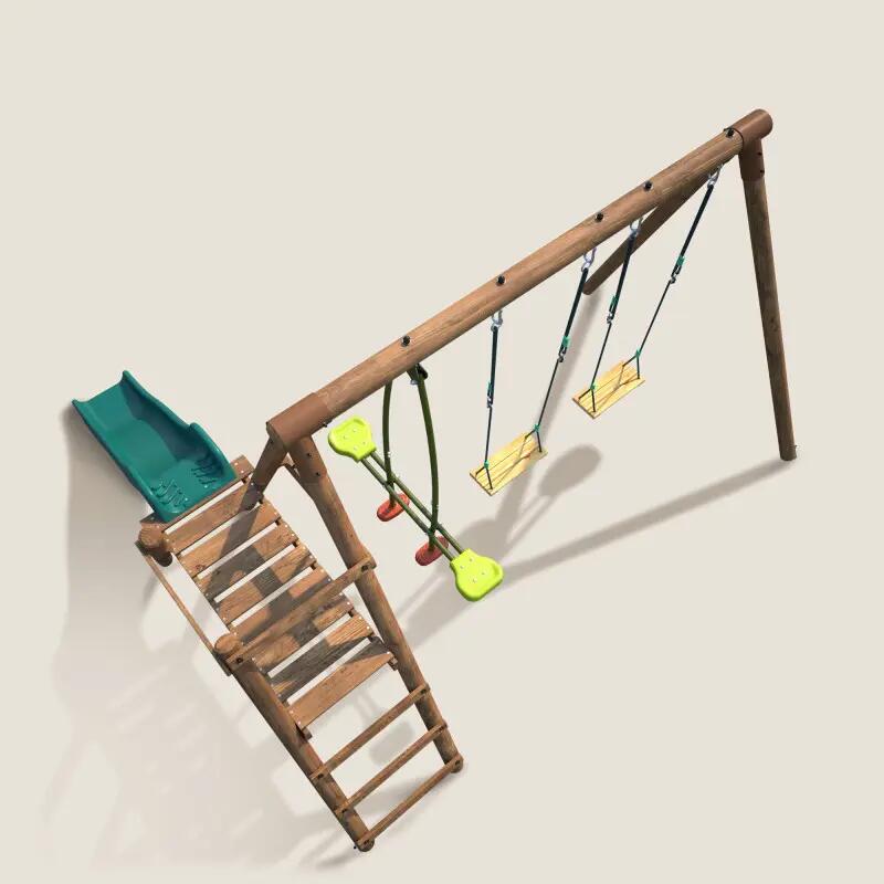 Portique en bois rond 3 agrès avec face à face et toboggan bas FIGUE 5/5